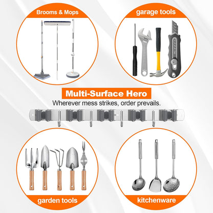 Broom Holder Wall Mount Mop Organizer, 5 Racks 4 Hooks | Premium Stainless Steel Mop Holder Storage Tool Utility Racks Solid for Home Kitchen Garden Laundry Garage