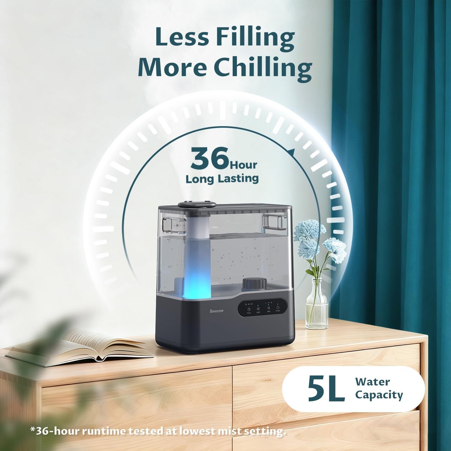 BREEZOME 5L Cool Mist Humidifier for Bedroom 7-Color Mood Light Quiet 25dB | Top Fill, Easy to Clean, Quiet Sleep Mode, Aroma Diffuser, 36H Runtime, 3 Level Mist, Timer for Home Baby Nursery Plants