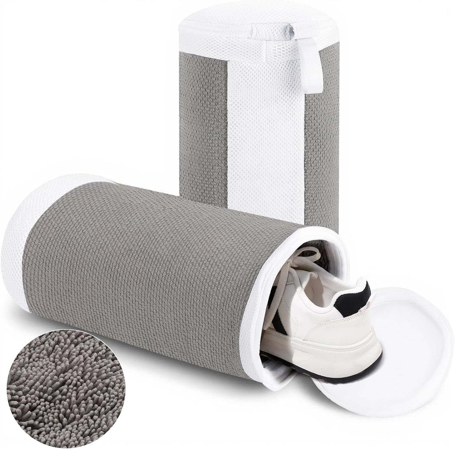 2 PCS Shoe Washing Machine Bags for Washer and Dryer, Grey + White | Reusable Laundry Shoe Bag, Hands Free, Hidden Self-locking Zipper, 360° Deep Cleaning, For Sneakers and All Shoes Types