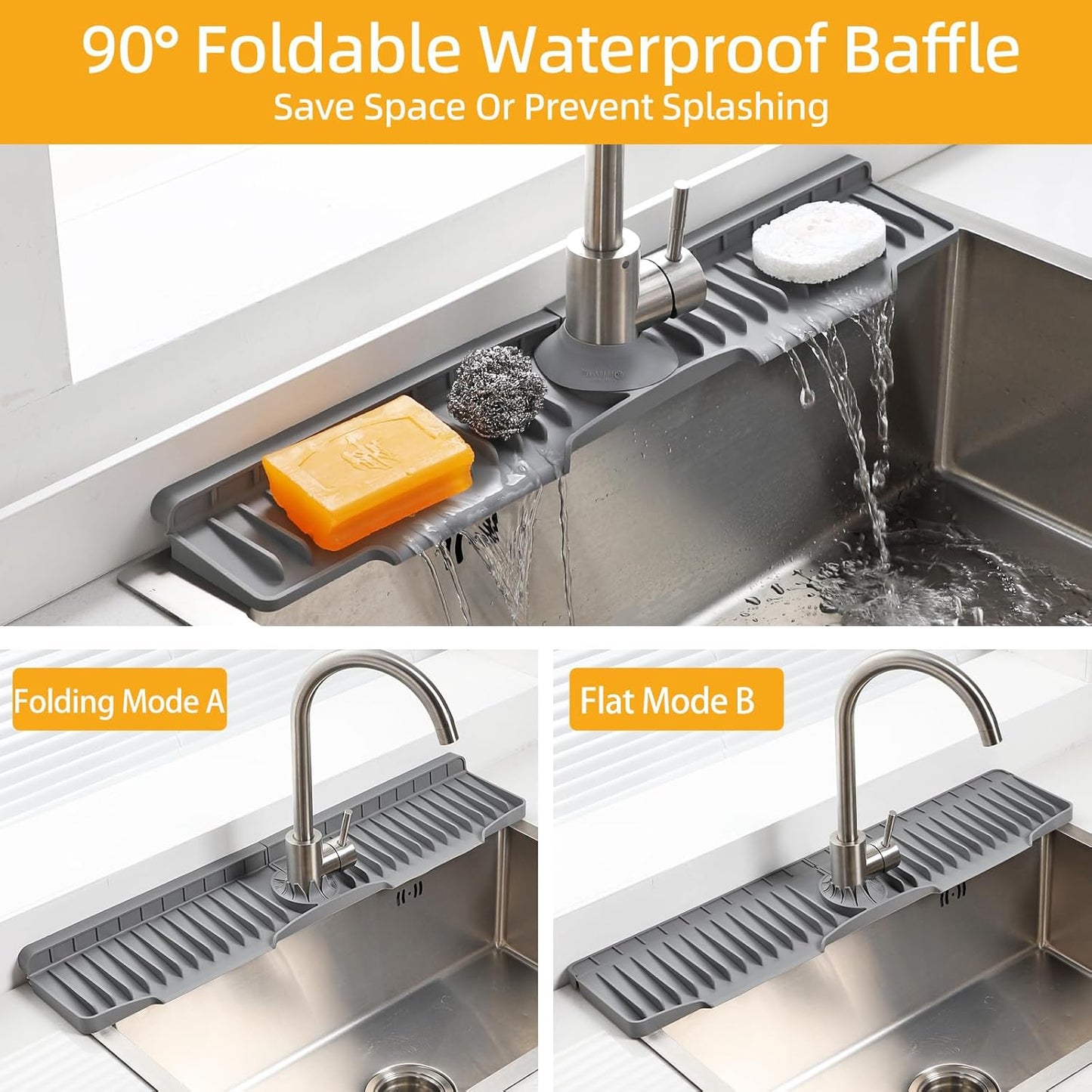 24" Silicone Sink Mat for Kitchen(Released in 2026), Beige | 8° Slope for Quick Self-draining, Sink Splash Guard Behind the Faucet, Narrow Water Splash Guard, for Kitchen&Bathroom Area