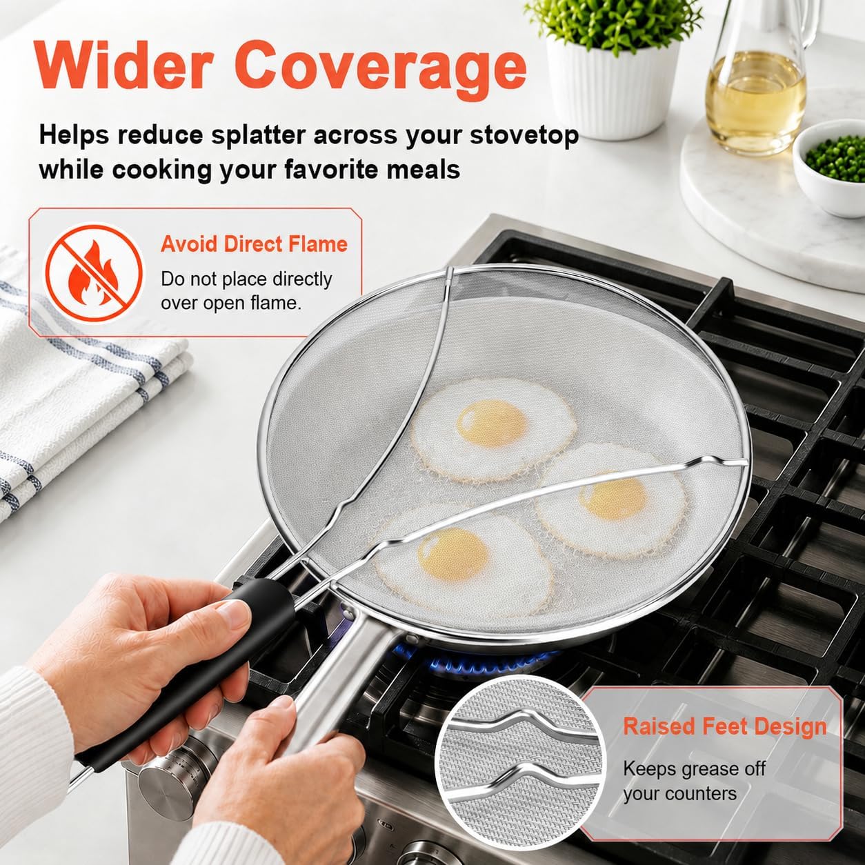 Splatter Screen for Frying Pan 13 Inch - Stainless Steel Grease Splatter Guard - Oil Splash Guard & Fine Mesh Cover for Cooking Bacon, Fried Chicken & Popcorn