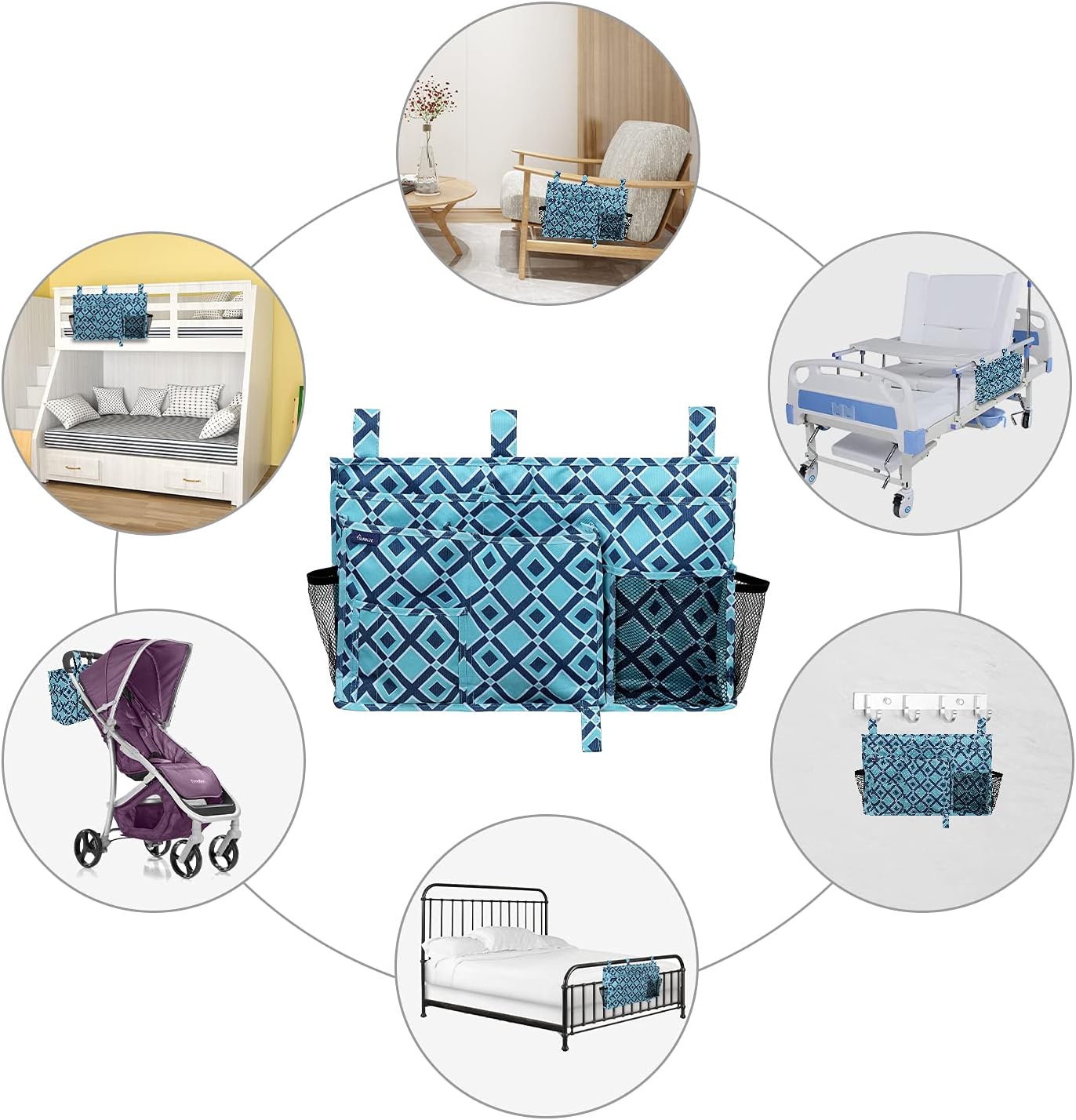 Surblue Bedside Caddy Hanging Organizer Storage Bag Pocket for Bunk, Hospital, College Dorm Rooms, Baby Bed Rails, Camp - 4 Pockets, 2 Hooks (Blue)
