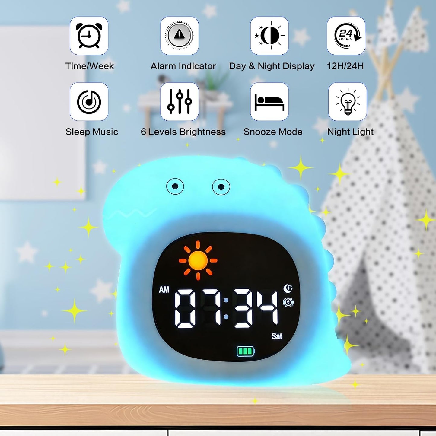 Kids Alarm Clock, Sunrise Alarm Clock with Night Light, LED Display Bedside Clock with Sleep Music Soothing Sounds, Snooze Function, 12/24H, 6 Adjustable Brightness for Bedroom, White Bear