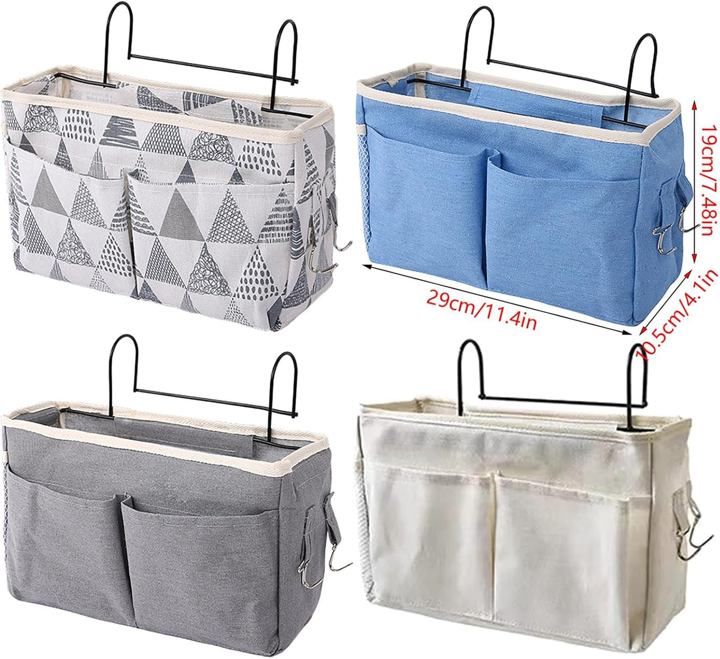 Bedside Caddy, Large Capacity Hanging Bedside Organizer with Side Hooks and 2 Pockets,Durable Versatile Bedside Caddy for Dorm Bed Phone Hospital College Magazine Remote Control Laptop Books (Grey)