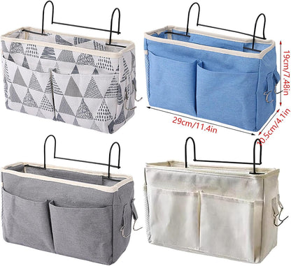 Bedside Caddy, Large Capacity Hanging Bedside Organizer with Side Hooks and 2 Pockets,Durable Versatile Bedside Caddy for Dorm Bed Phone Hospital College Magazine Remote Control Laptop Books (Grey)