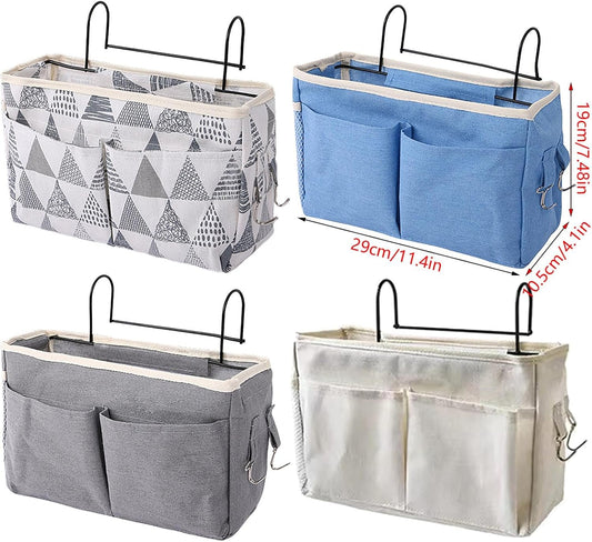 Bedside Caddy, Large Capacity Hanging Bedside Organizer with Side Hooks and 2 Pockets,Durable Versatile Bedside Caddy for Dorm Bed Phone Hospital College Magazine Remote Control Laptop Books (Grey)