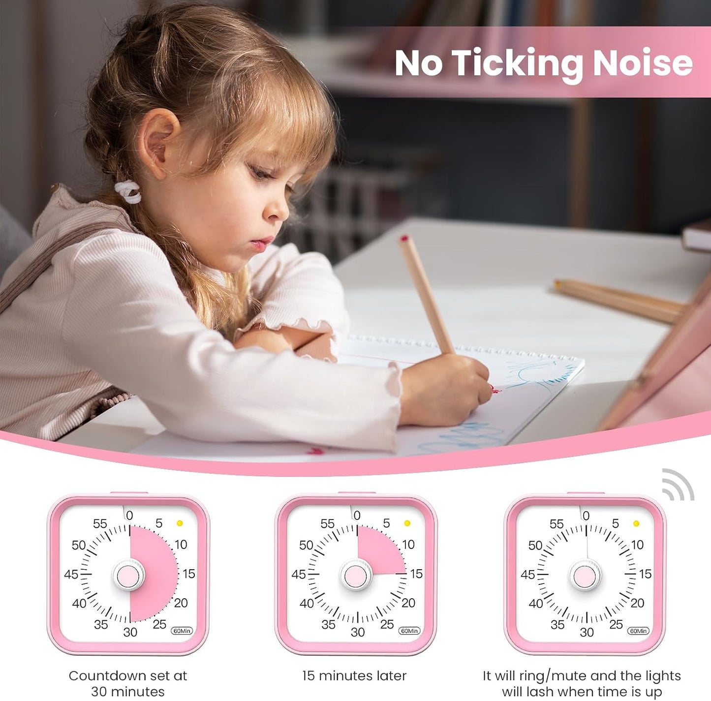 Visual Timer for Kids, Countdown Timer with Pause Function, White | Timer for Kitchen Cooking, Classroom, Study, Toddler, ADHD, Cute Timer Clock, Alarm 3 Volume Levels, Light Indicator