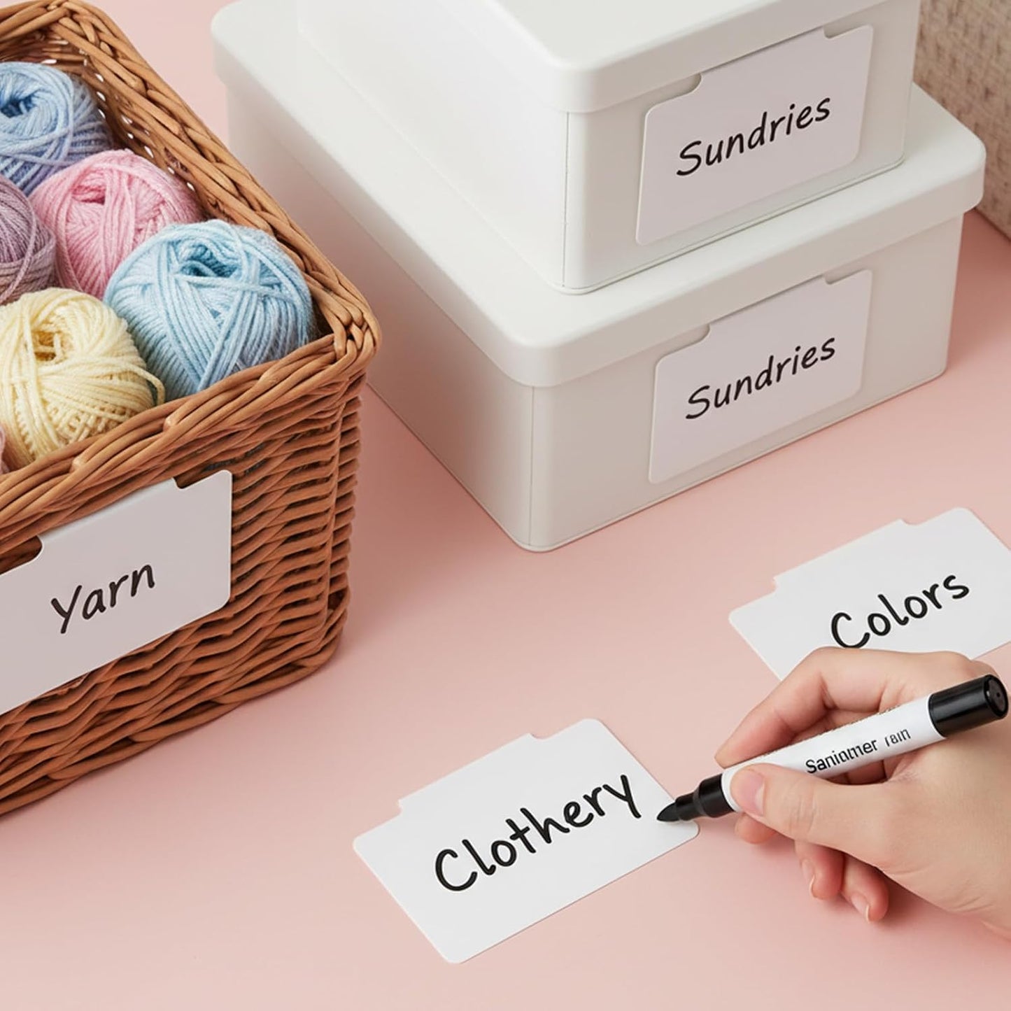16Pcs White Clip-On Basket Labels, 3.5x2.5 Inch Removable PVC Labels with Holders for Storage Bins, Pantry & Closet Organization, Removable Label Holders