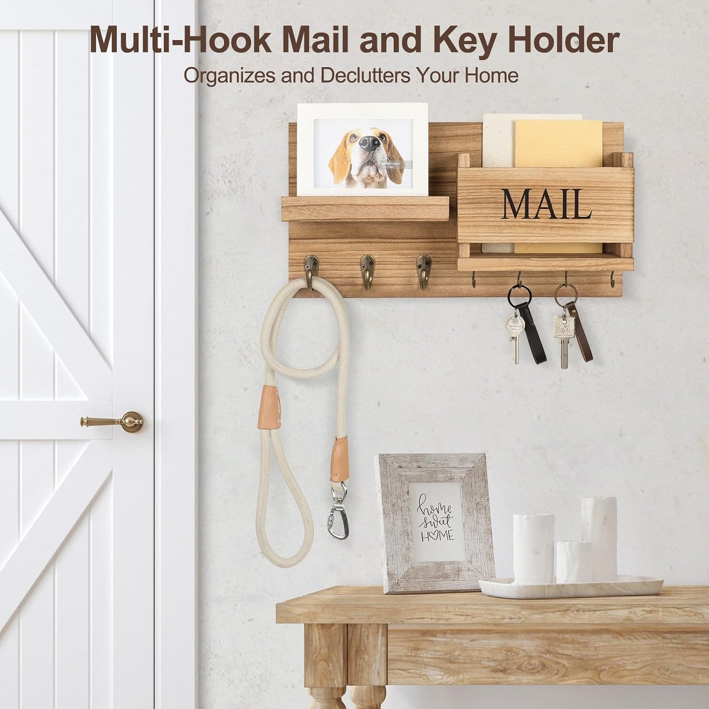Lwenki Mail Organizer for Wall Mount – Key Holder with Shelf Includes Letter Holder and Hooks for Hallway Farmhouse Decor – Rustic Wood with Flush Mounting Hardware (16.5” x 9.1” x 3.4”) (White)