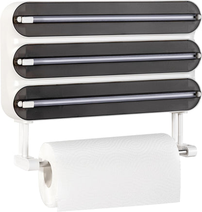 Aluminum Foil & Plastic Wrap Dispenser with Cutter - Magnetic & No-Drill Wall Mount, Cling Film Dispenser with Paper Towel Holder, Space-Saving 4-in-1 Kitchen Organizer - Fits 12" Roll, Black