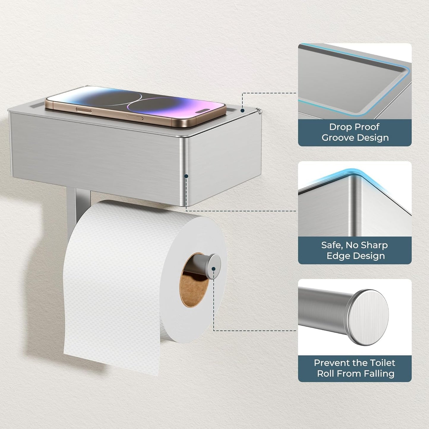 FORIOUS Toilet Paper Holder with Shelf, Wall-Mounted Modern Wipes Dispenser | Brushed Nickel | Toilet Paper Holder with Storage for Bathroom | Fits Wipes, Sanitary Napkin, Tampon | 8.0"x5.3" Large Shelf