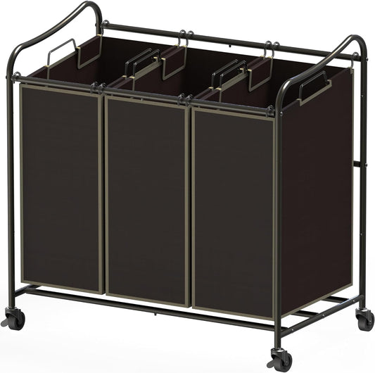 Simple Houseware Heavy Duty 3-Bag Laundry Sorter Rolling Cart, Dark Grey | Removable Bags and Lockable Wheels for Laundry Room Organization