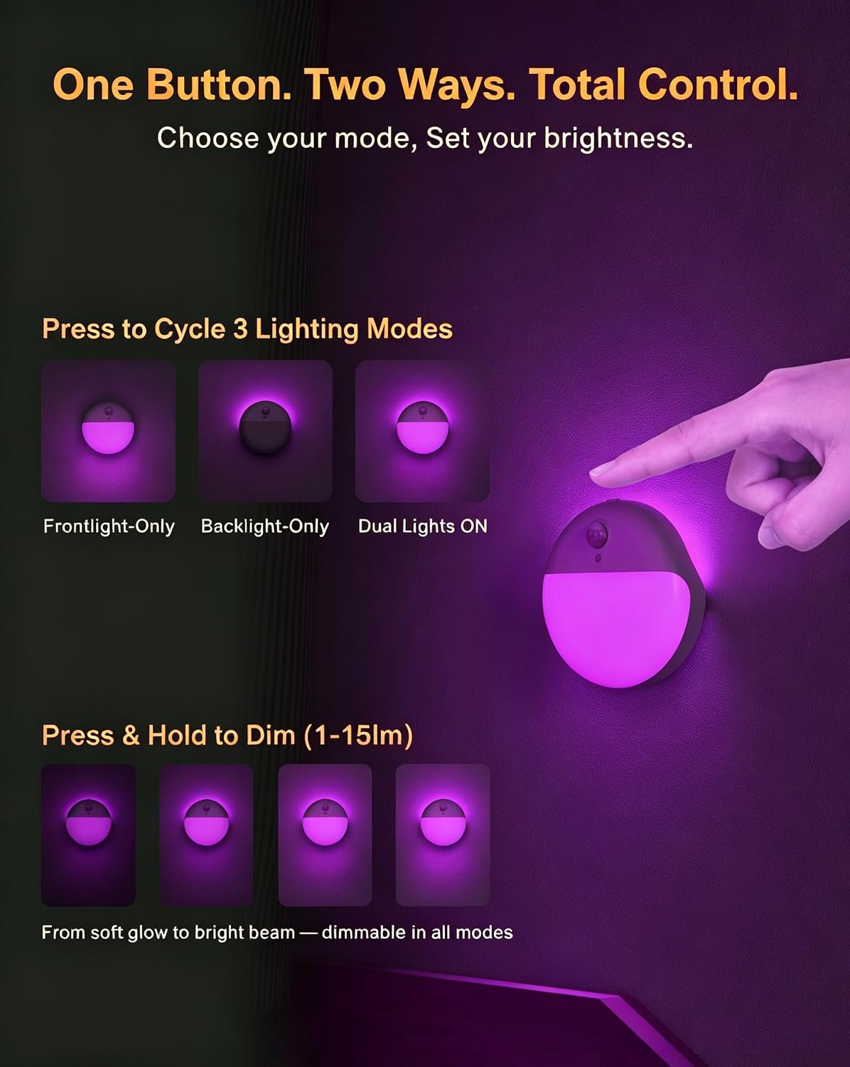 Small Motion Sensor Amber Night Light Battery Operated, Toilet Light | 2 Pack, 3 Modes, Dimmable 1-15lm, Dim Light Soft Glow, No Plug, Wireless Stick on Light for Bedroom, Sleep, Bathroom, Kids