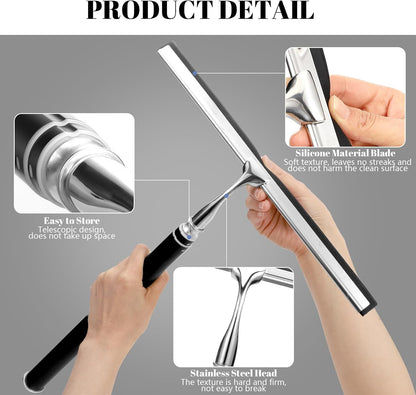 Shower Squeegee with Long Handle,Window Squeegee with Extension Pole Squeegee for Shower Glass Floor Squeegee, Telescoping Shower Squeegee for Glass Door, Tile Wall, Car,Floor | 2 Hooks, Squeegee for Shower Glass Floor Squeegee, Telescoping Shower