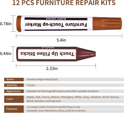 Furniture Repair Kit Wood Markers - Markers and Wax Sticks for Stains, Scratches, Wood Floors, Tables, Desks, Carpenters, Bedposts, Touch Ups, and Cover Ups (25)