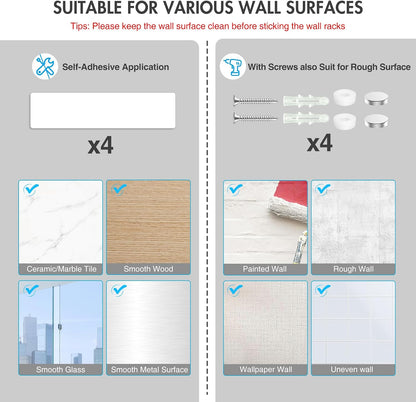 homeasy Wall Mount Mop and Broom Holder, Heavy Duty Stainless Steel Organizer Rack with Hooks | 2-Pack, 2-in-1 No Drill & Screw Installation, Silver
