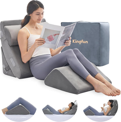 Kingfun 4PCS Orthopedic Bed Wedge Pillow Set for Sleeping, Post Surgery Memory Foam Support Pillows for Back, Neck and Leg Pain Relief, Adjustable Triangle Pillow - Acid Reflux, Anti Snoring & GERD