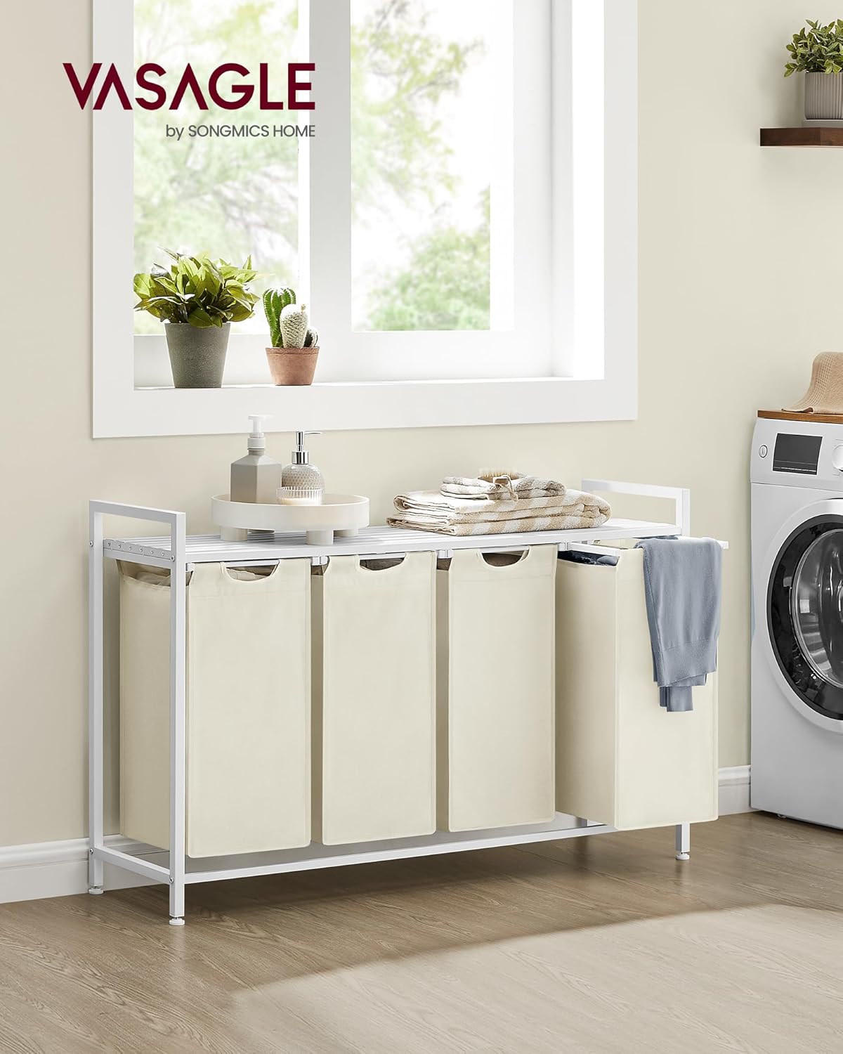 VASAGLE Laundry Hamper, Laundry Basket Sorter with 3 Pull-Out and Removable Bags, Shelf, Metal Frame, 3 x 10.6 Gallons (40 L), 36.4 x 13 x 28.4 Inches, Cappuccino Beige and Natural Beige UBLH301LH01