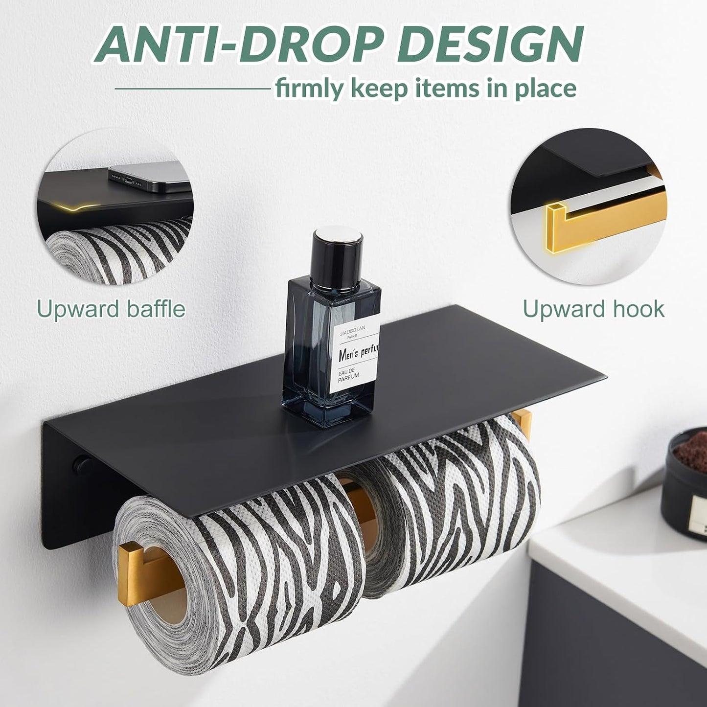 APLusee Matte Black Toilet Paper Holder with Storage Shelf, Wall Mounted | Rustproof 304 Stainless Steel, 2-in-1 Functional Toilet Paper and Phone Storage, Fits Bathroom, Restroom, Vanity, Kitchen