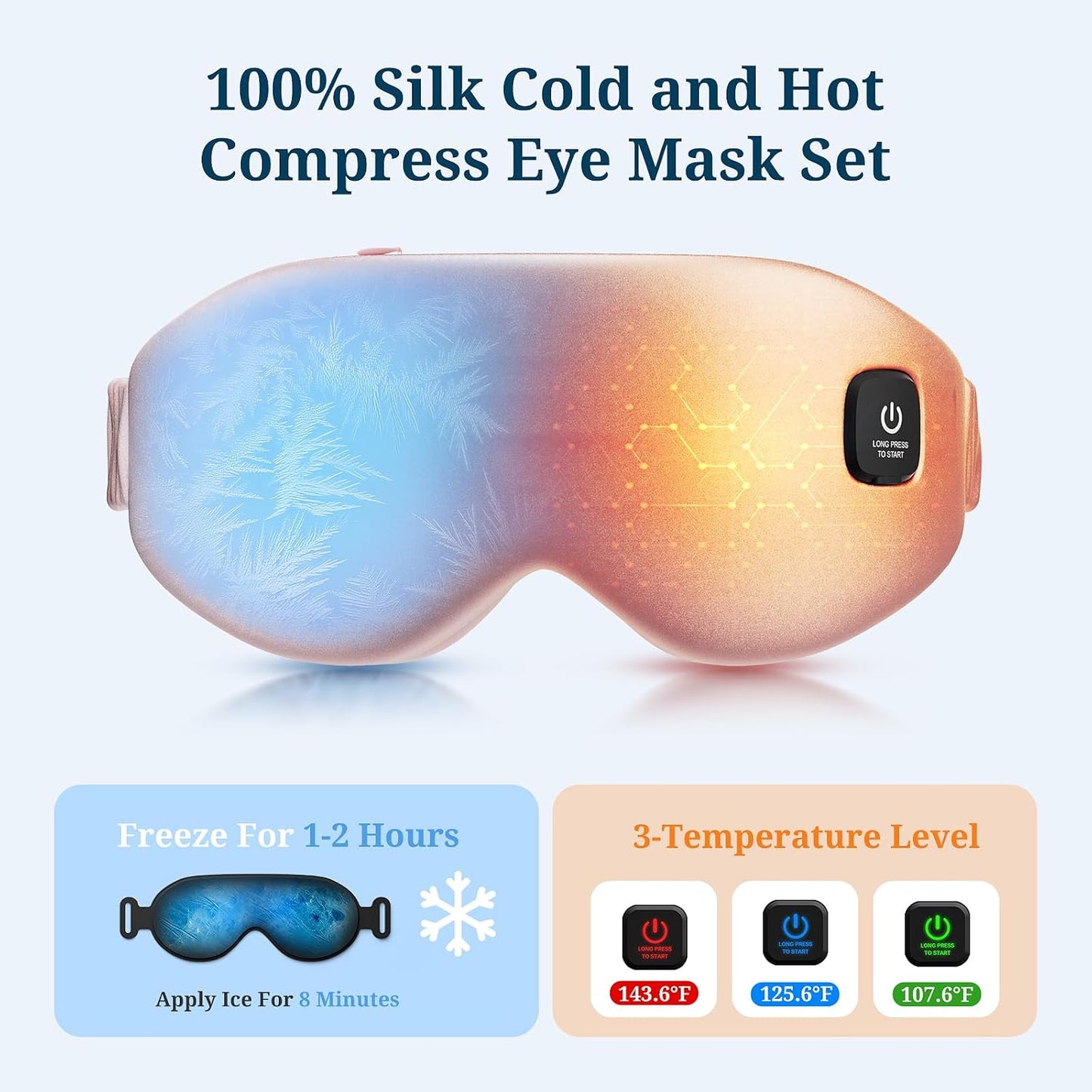 100% Silk Wireless Heated Eye Mask with Cooling, Relieves Dry Eye Syndrome and Puffy, Reduces Dark Circles, Adjustable Velcro Design and Washable Cover, Suitable for Travel & Gifts-Pink. | 3 Heat Levels; 15-Minute Auto-Off; 1500mAh Battery; Type-C