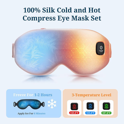 100% Silk Wireless Heated Eye Mask with Cooling, Relieves Dry Eye Syndrome and Puffy, Reduces Dark Circles, Adjustable Velcro Design and Washable Cover, Suitable for Travel & Gifts-Pink. | 3 Heat Levels; 15-Minute Auto-Off; 1500mAh Battery; Type-C