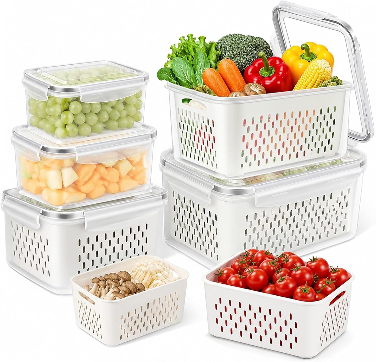 5 Pack Fruit Storage Containers for Fridge, Leakproof Plastic Bins with Removable Drain Colander, Stackable Produce Saver for Fresh Berry Lettuce Vegetable and Meat Storage