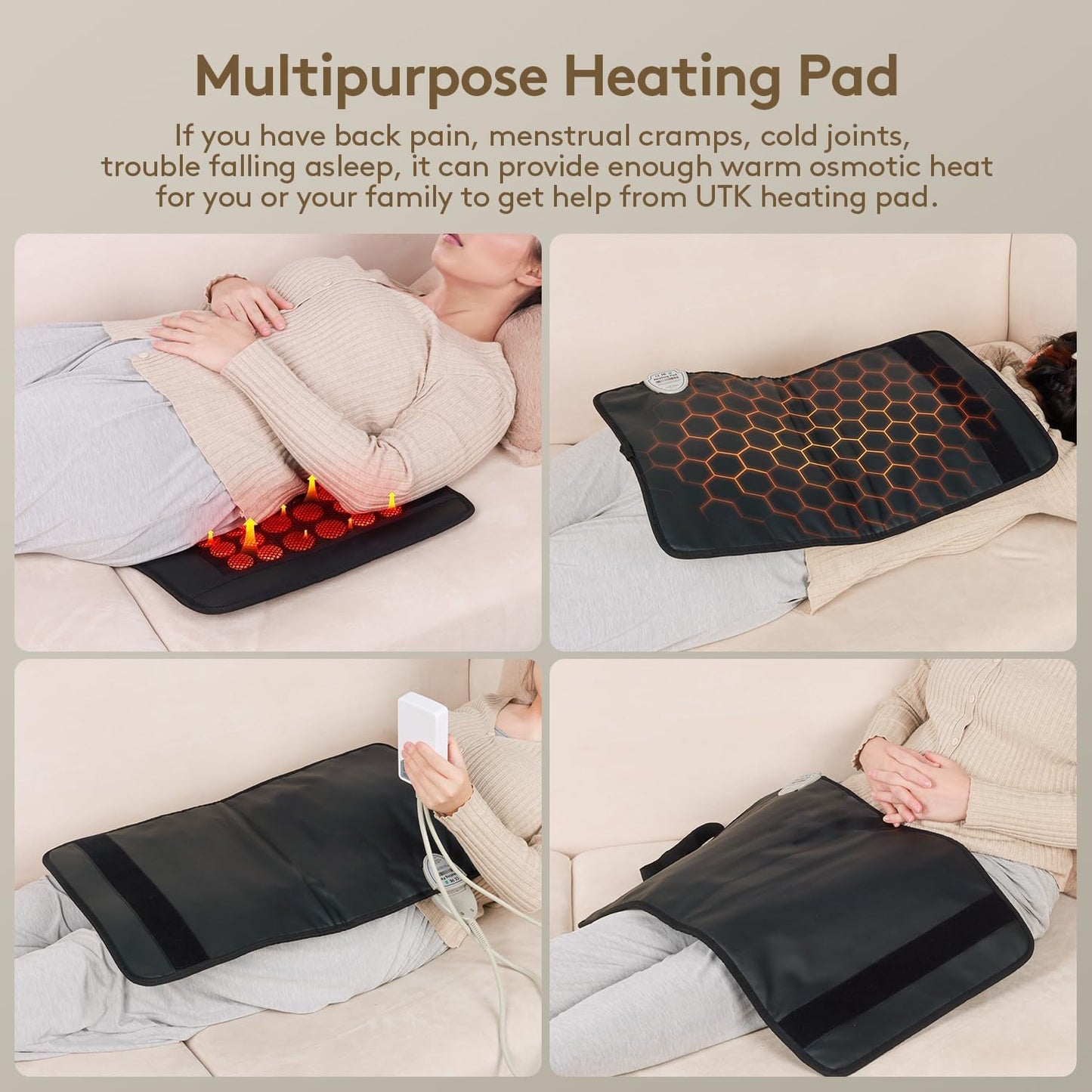 UTK Far Infrared Heating Pad for Back Pain Relief, Natural Jade, 23.5x16 in | 52 Natural Jade & 20 Tourmaline Stones, Up to 159°F, 4H Auto-Off, Memory Function, FSA-HSA Eligible, Gifts for Women & Men