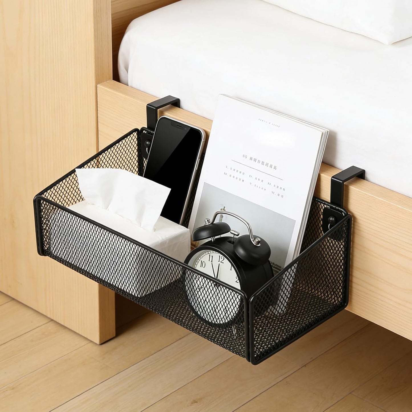 Bedside Caddy Hanging Storage Basket No-Drill – Large Capacity Beside Shelf Metal Organizer for Bunk Bed, Dorm, Office Cubicle, Baby Crib, Includes 5 Pairs Hook Sizes, Holds Phone, Books, Remote