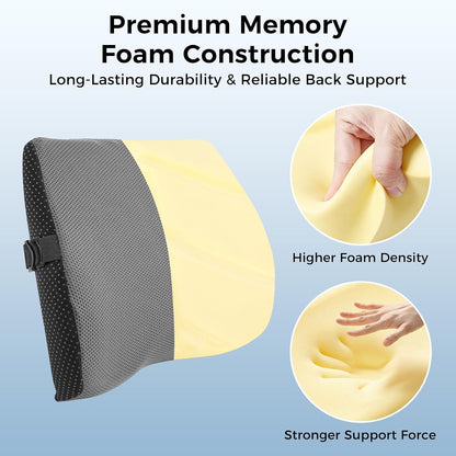 Lumbar Support Pillow for Car & Office Chair - High-Density Memory Foam Back Cushion for Sciatica & Lower Back Pain Relief - Non-Slip Support for Long Commutes & Desk Workers (Black)