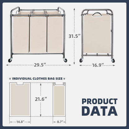 STO STO Laundry Sorter 3 Section, 3 Bag Clothes Hamper, Rolling Laundry Cart Basket with Heavy Duty Lockable Wheels and Removable Bag for Laundry Room, Bedroom, Closet, Black