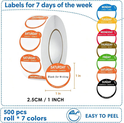 Food Labels Removable Day Dot Stickers, Colorful | 7 Colors, Expiring Date Labels, Meal Prep, Kitchen & Restaurant Use, Refrigerator Organization