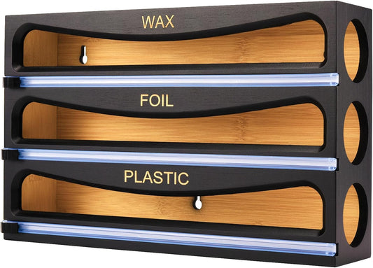 Bamboo Wrap Dispenser with Cutter, Plastic Wrap Organizer, Aluminum Foil Organization, and Wax Paper Dispenser Holder for Kitchen Drawer and Wall, Compatible with 12" Roll (03 Vintage Brown)
