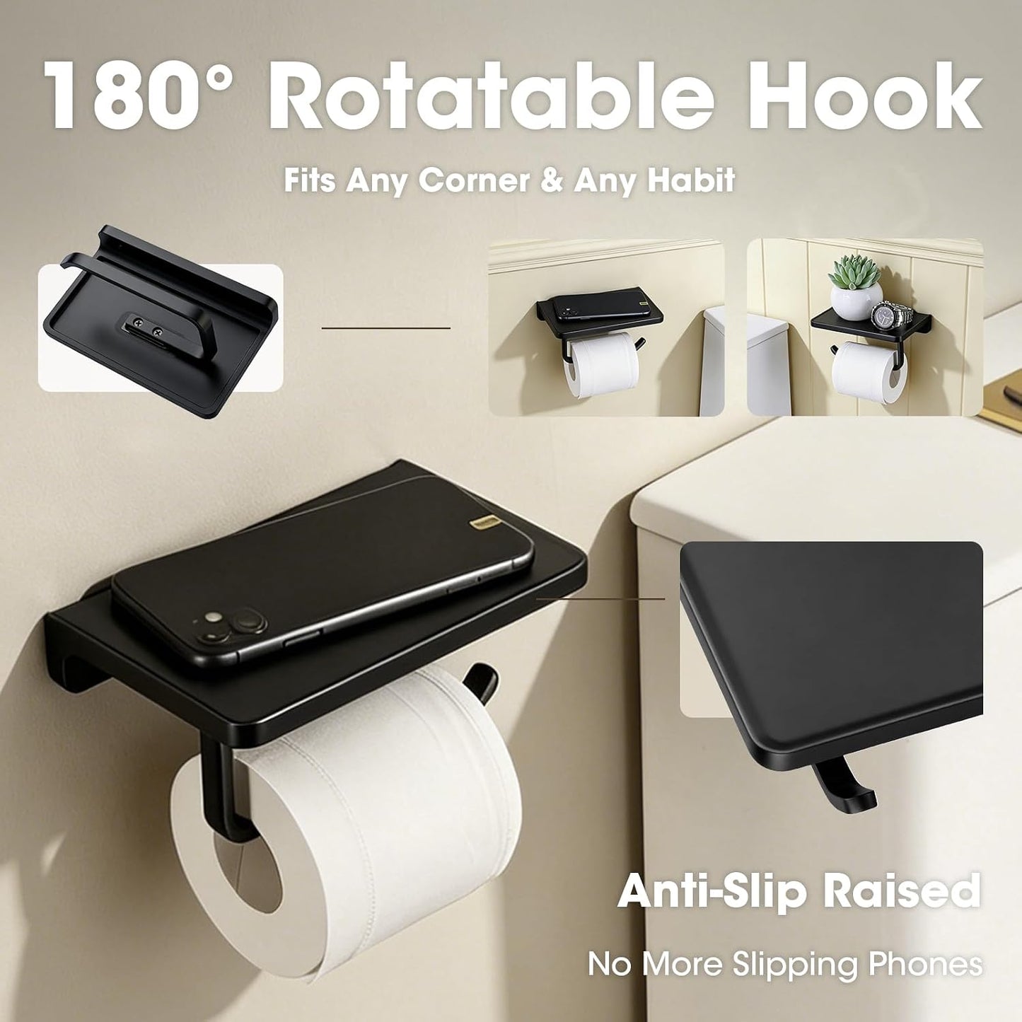 TRUSTMI Toilet Paper Holder with Phone Shelf, Zinc Alloy, Brushed Gold | Solid zinc alloy holder holds 15 lbs and fits jumbo rolls. Shelf stores phones and wipes for easy bathroom organization