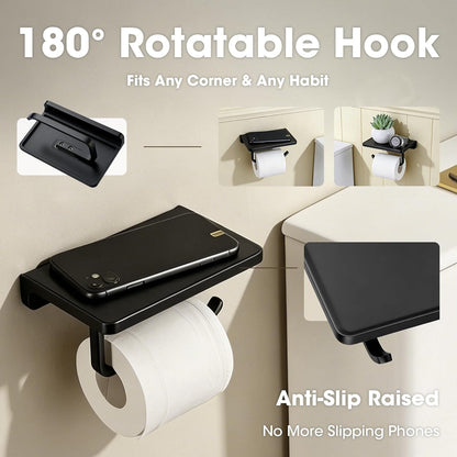 TRUSTMI Toilet Paper Holder with Phone Shelf, Zinc Alloy, Brushed Gold | Solid zinc alloy holder holds 15 lbs and fits jumbo rolls. Shelf stores phones and wipes for easy bathroom organization