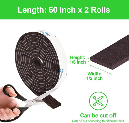 Felt Strips with Adhesive Backing, Felt Tape with Adhesive Backing, Felt Furniture Strips 2 Pack Roll 1/2x 60 Inches Black, Felt Strips for Furniture