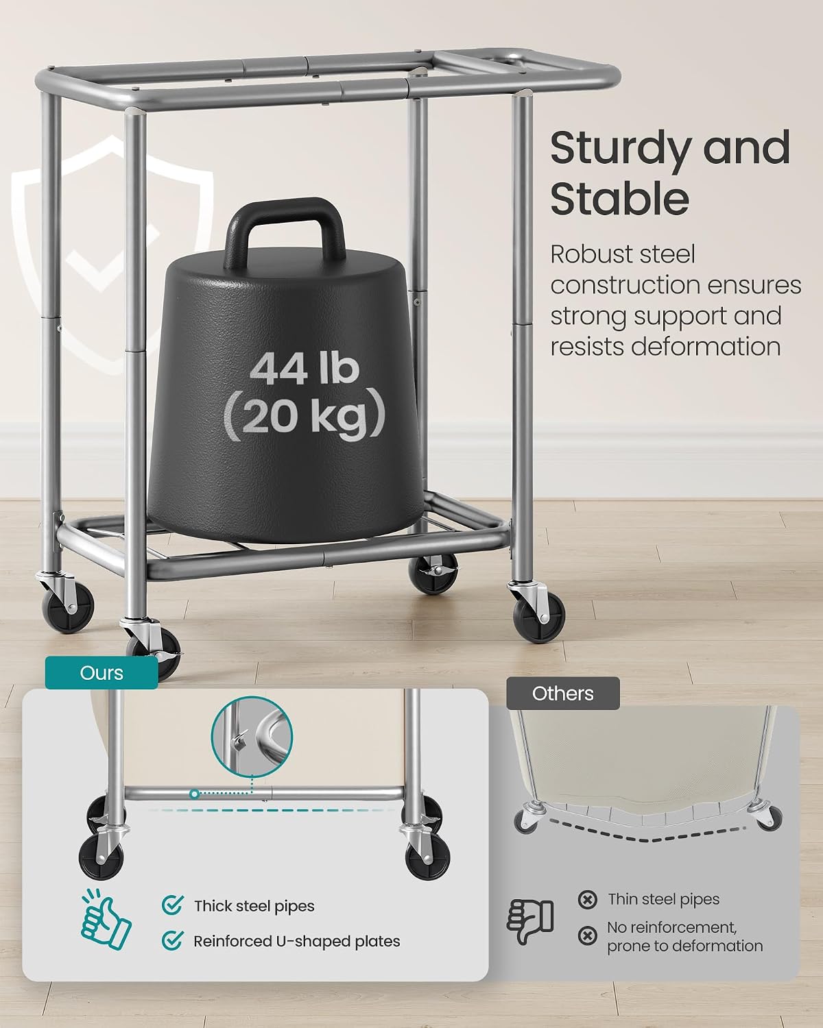 SONGMICS Laundry Basket with Wheels, 4-Section Rolling Laundry Hamper, 68.6 Gallons (260 L), Removable Liner, Steel Frame with Handle, 43.3 x 15.4 x 31.9 Inches, Cream White URLS014W01