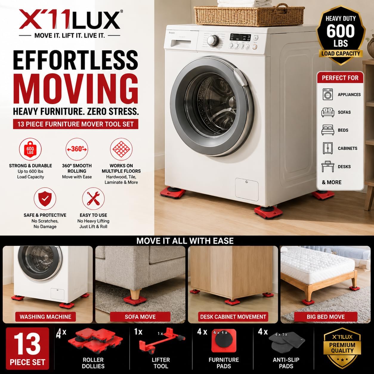 X11LUX - Furniture Moving & Lifting Tool Set, 360° Swivel Wheels, Lifter for Sofa, Cabinet, Washing Machine Appliances, Easy Moving Small Tool, Must Have for Home, Best for Hard Floor