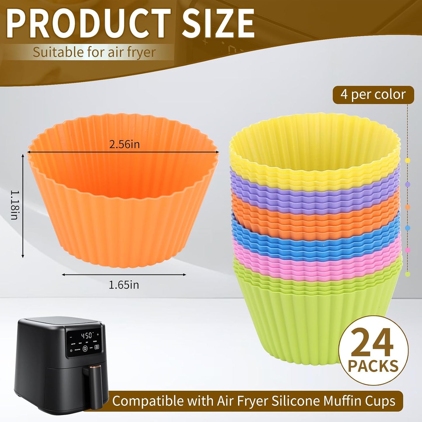 Muffin Liners, Silicone Muffin Cups for Air Fryer, 24 Pack Non-Stick Baking Liners for Parties Food Grade, 6 Bright Colors, Cupcake Holders, Easy to Clean, Sturdy and Durable, Used for Air Fryer