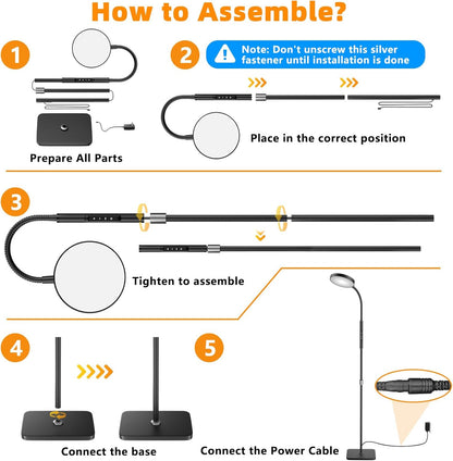 PACOVY Floor Lamp, Adjustable Height Floor Lamps for Living Room Bedroom, 120 LED Super Bright Standing Lamp Remote & Touch Control Dimmable Gooseneck Tall Stand Reading Lamp for Office Craft, Black