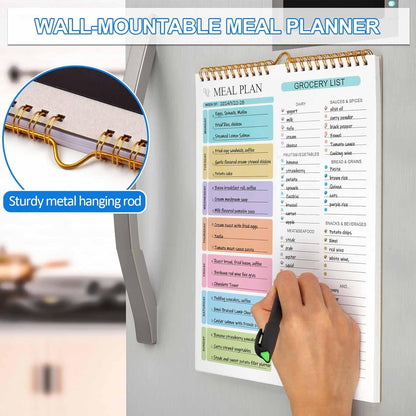 Weekly Meal Planner Notebook 8.5x11”, 50 Sheets Weekly Meal Planner Magnetic, Double Helix Meal Planner and Grocery List, Wall-Mountable Menu Planner for Fridge Notepad for Daily & Plan