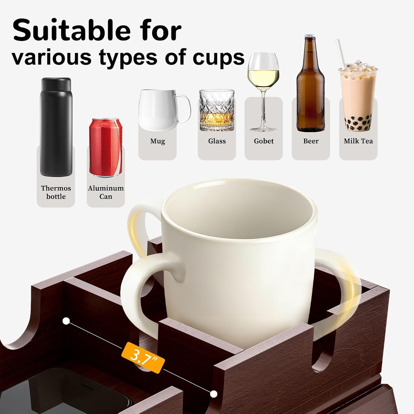 Korser Couch Armrest Table, Sofa Arm Tray with Removable Cup Holder, 2 in 1 Anti-Slip Armrest Tray Table for Couch, Bamboo Foldable Couch Cup Holder for Drinks Snacks Phone Remote Control