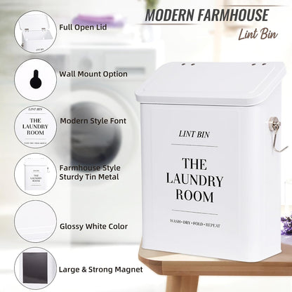 Magnetic Lint Bin for Laundry Room, Metal Lint Trash Can with Lid and Brush, Wall Mounted Lint Box for Dryer, Farmhouse Laundry Room Decor, Black