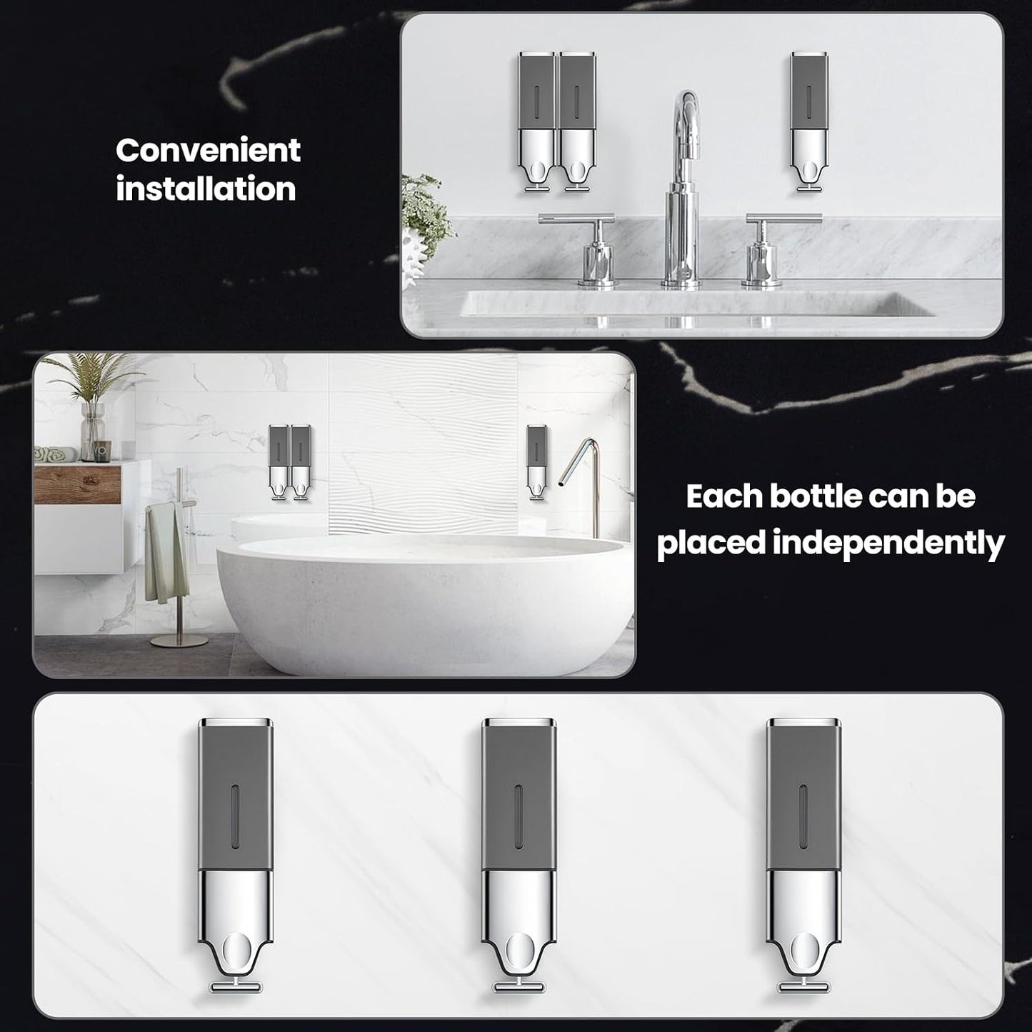 EHORIA Shampoo and Conditioner Dispenser, Shower Soap Dispenser | Shower Dispenser 3 Chamber No Drill, Wall Mounted Refillable Bottles, Shower Accessories for Bathroom, RV&Hotel,18.6oz 3 in 1