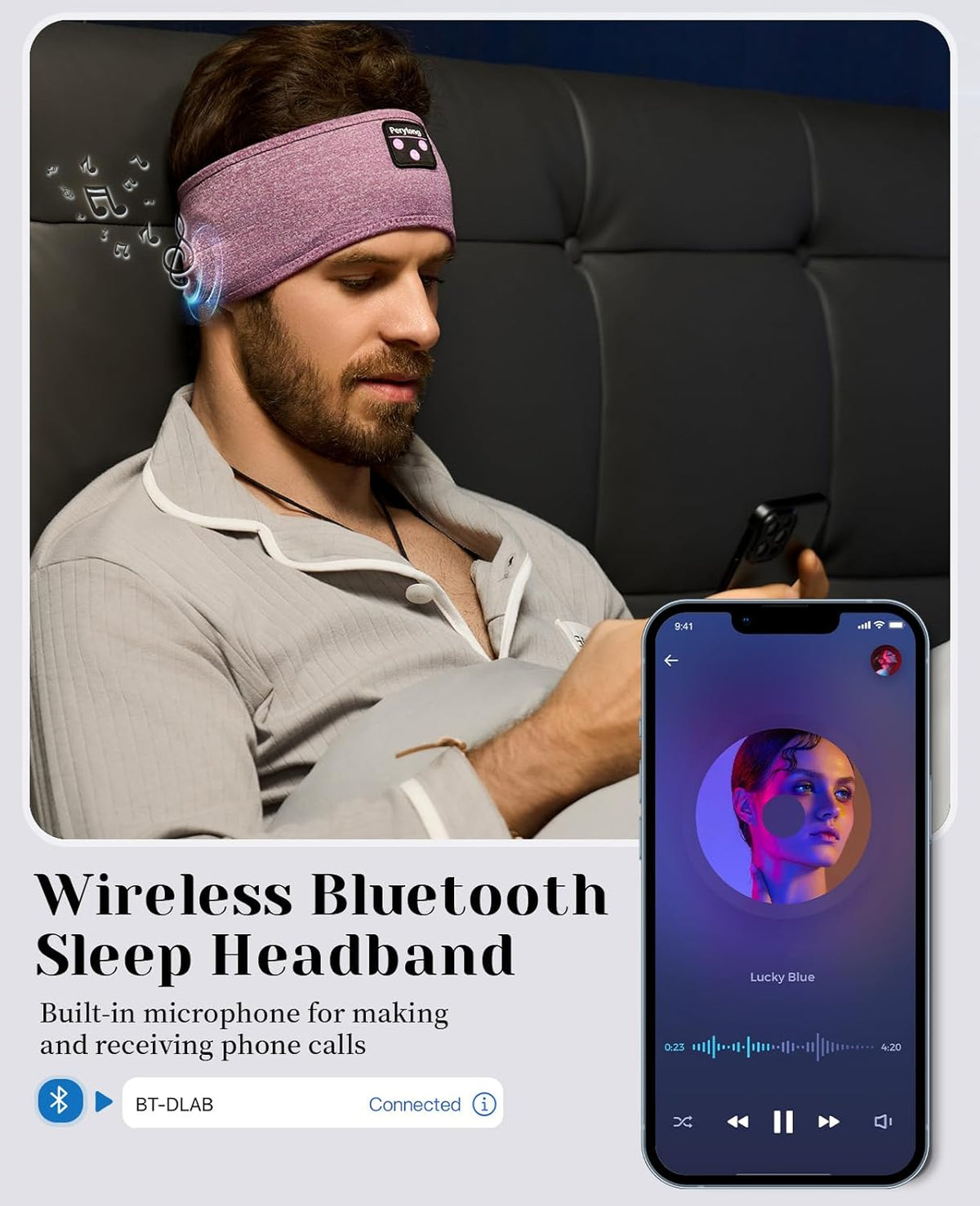 Perytong Sleep Headphones Bluetooth 5.4 Headband, Wireless Sleep Headphones for Side Sleepers - Sleeping Headband with Ultra-Thin Speaker Microphone Handsfree Gift Ideas for Women Men