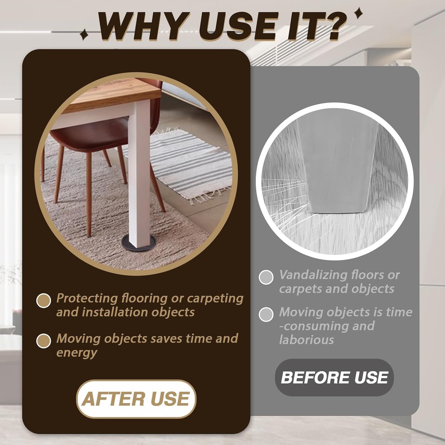 ASTIMESA 8 Pieces 3" Square Furniture Sliders, Heavy Duty Furniture Pads Cups with Carpet Base, Reusable Floor Protectors for Hardwood Vinyl Tile Couch Table Chair Bottom (Brown) (78mm, Square)