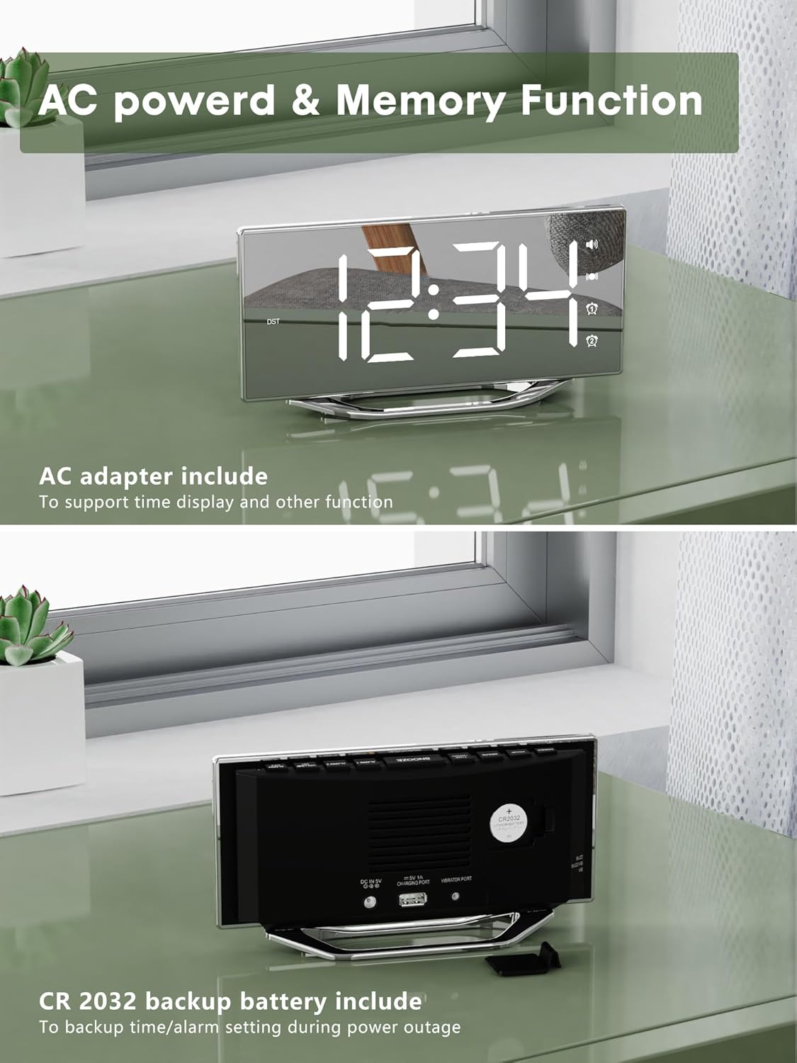 Extra Loud Vibrating Alarm Clock with Bed Shaker for Deep Sleepers Adult Hearing impaired Deaf, Dual Alarms Digital Clock for Bedroom,8.7'' Large Mirror LED Display,USB Charger,Battery Backup,Dimmable