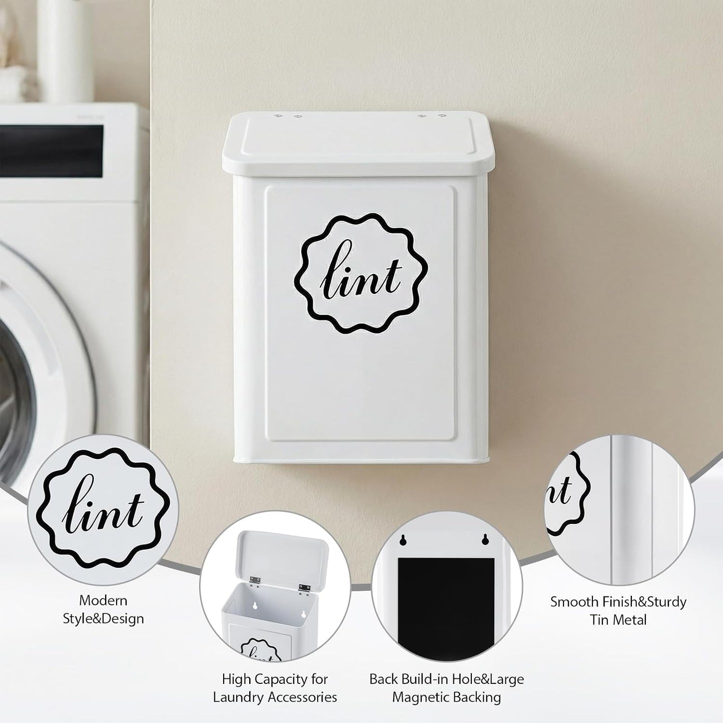 Magnetic Lint Trash Can, Metal Wall Mounted Lint Bin with Lid for Dryer, Laundry Room Organization, Lint Basket with Extended Soft Brush