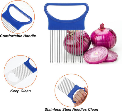 4Pcs Onion Slicer Holder, Onion Slicing Holder Cutter Tool | Stainless Steel Veg Cutter with Cover, Food Slicer Assistant Tool for Tomato Lemon Avocados Vegetables Fruit