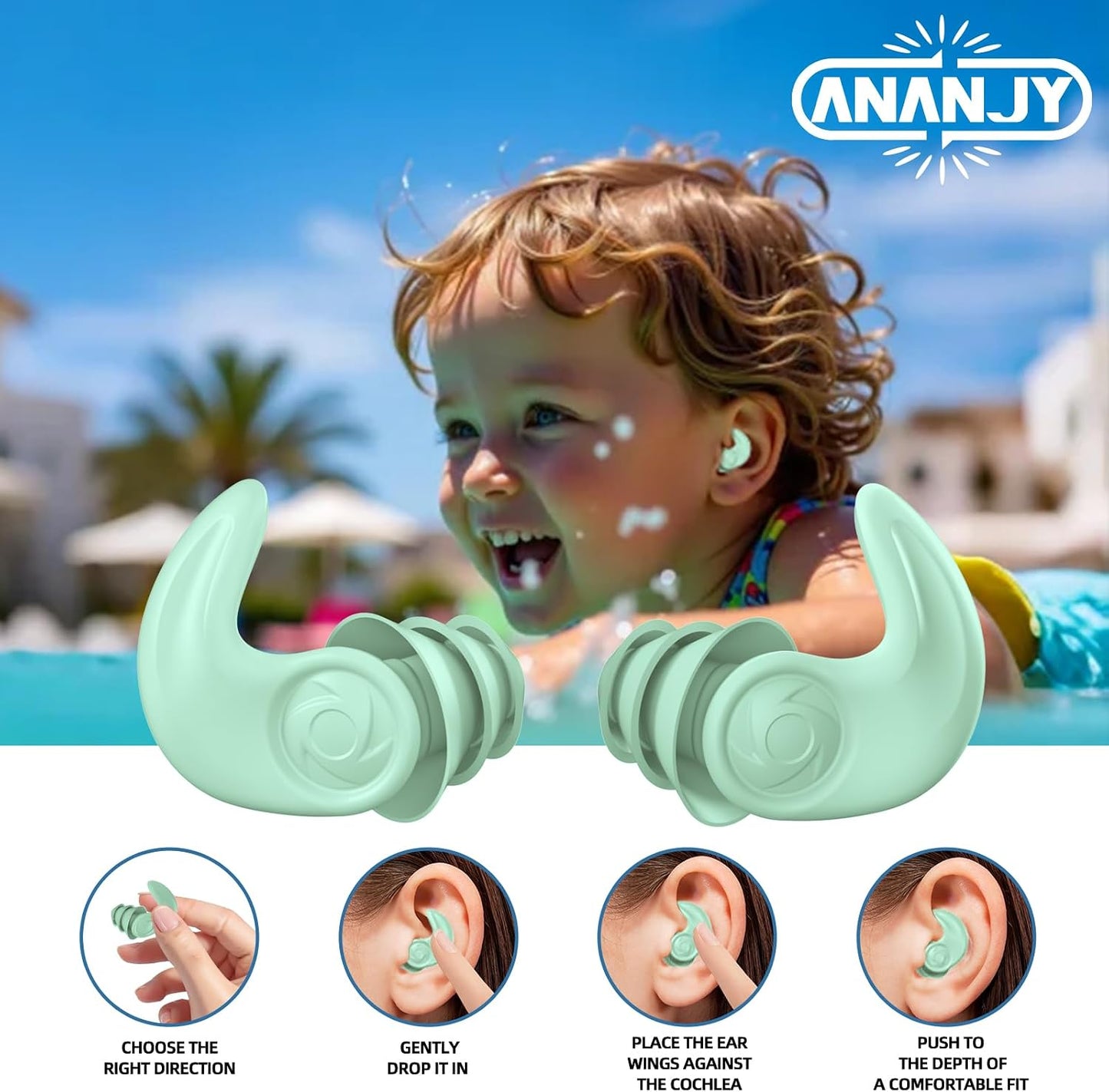 Waterproof Swimming Ear Plugs for Adults Kids, 3 Pairs Reusable Silicone | Reusable swim earplugs for pools, surfing, diving, showering and water sports, Keep Water Out and Ear Protection