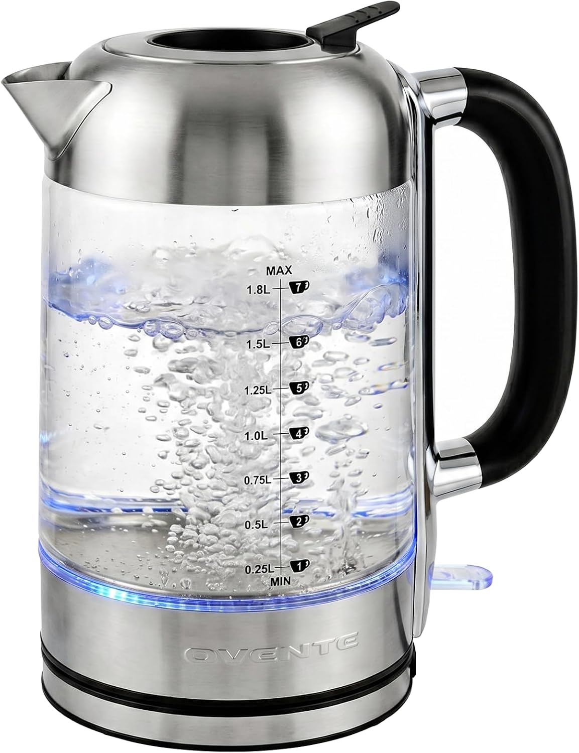 OVENTE 1.8L Glass Electric Kettle Water Boiler, Silver KG751S | 1500W Fast Boiling, Easy Fill Lid, Borosilicate Glass, BPA-Free, Blue LED, Auto Shut-Off, Boil-Dry Protection, Cordless
